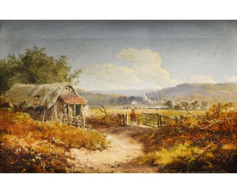 Edmund John Niemann (British, 1813-1876), a landscape with figures by a gate and a distant village, signed l.r., oil on canva