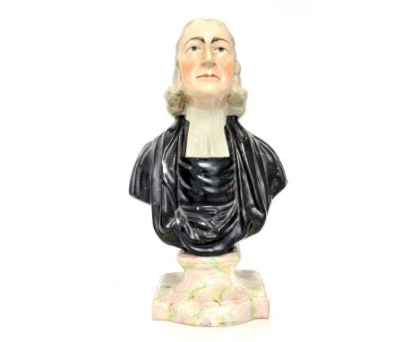 A Staffordshire Prattware bust of John Wesley, on marble effect socle, 30cm highcondition: crack to head