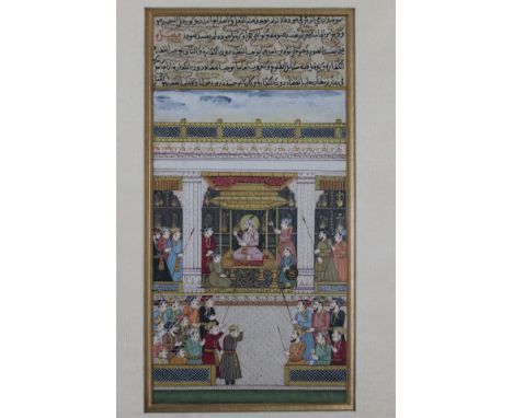 Indian School, manuscript leaf depicting Mughal court scene, highly detailed with vibrant colours heightened with gold, upper