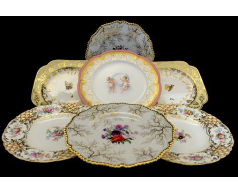 Dessert plates including a pair of Spode Felspar square plates, Flight Barr and Barr, Worcester floral and coral gilt plates,