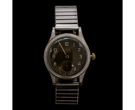 Record, a WWII military issue Record steel waterproof wristwatch, 3cm circular black dial with illuminous numerals, subsidiar