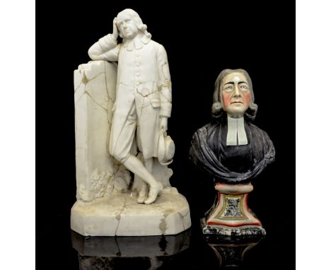 A parian figure of John Wesley standing next to his mother's tomb, 39cm high, together with a Prattware bust of John Wesley, 
