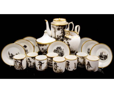 A Continental Swiss coffee service, circa 1825, monochrome painted with children playing gmaes and landscape scenes, includin