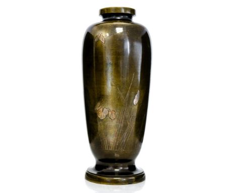 A Japanese bronze baluster vase, Meiji period, 1868-1912, silver inlaid to form water plants and an insect, height 21cm