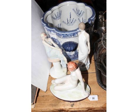 Royal Dux, Royal Doulton and Nao lady figures, and blue and white foot bath