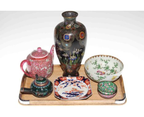 Cloisonne vase and teapot, Oriental bowl, plate and teapot, and two enamel dishes