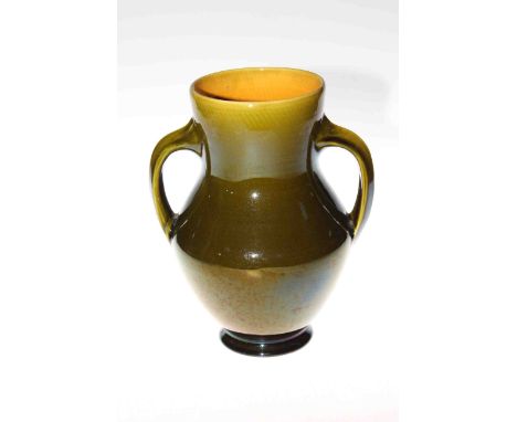 Christopher Dresser Linthorpe pottery green glazed two handle vase, no. 868, 24cm