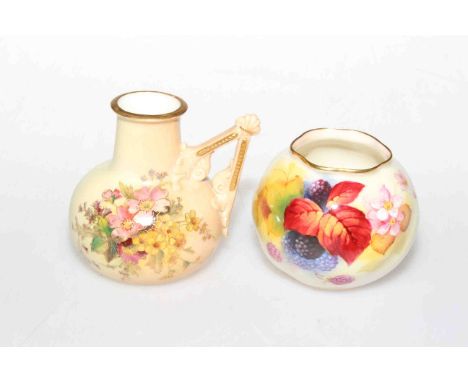 Royal Worcester Blush jug 1138 and small vase with fruit decoration on ivory ground G161