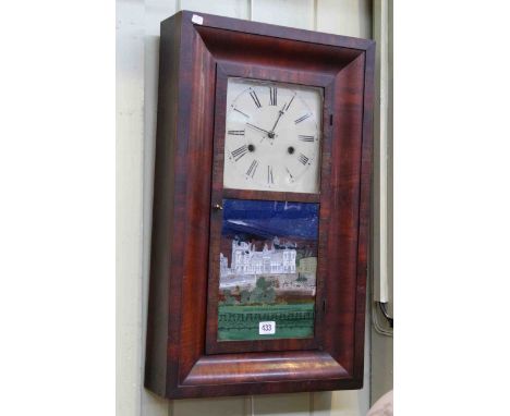 19th Century American mahogany veneered shelf clock, the glass decorated with titled and coloured print of the New Wellington