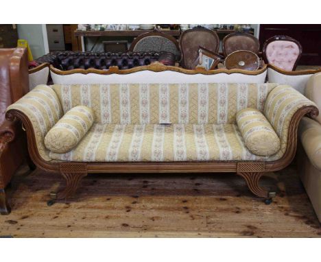 Regency mahogany double scroll settee in striped tapestry fabric, 214cm long