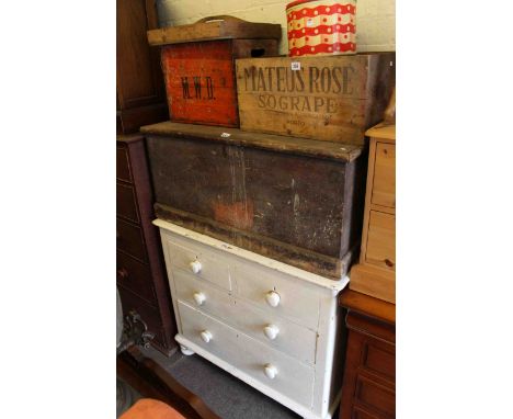 Painted pine four drawer chest, pine trunk, two bottle crates, tins and cutlery tray