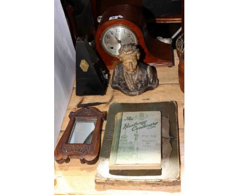 Mahogany mantel clock, metronome, bust, mirror and two volumes