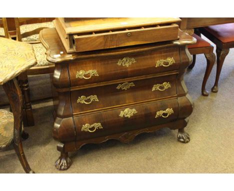 Continental walnut bombé front three drawer chest, set of six ladder back dining chairs and oak carver chair (8)
