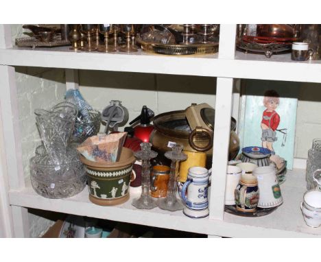 Brass planter, glassware, various china, cut glass vases and bowls, pictures etc