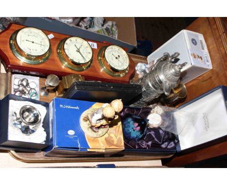 Tray lot with Hummel group, Caithness paperweight, Lladro figure, rings, stein, etc