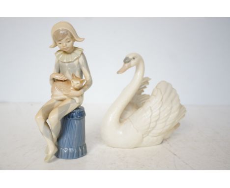 Lladro figure of a swan 5231 together with a Nao child jester 