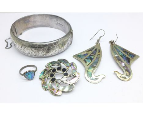 A silver bangle and Mexico Alpaca earrings, a brooch and a ring, I