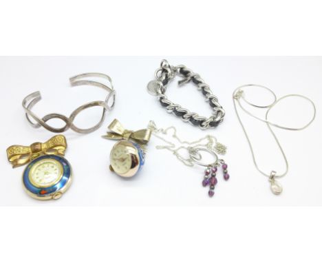 A silver brooch with Davar pendant watch, a Smiths shockproof brooch watch, a Guess bracelet, two silver necklaces and a bang