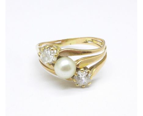 A yellow metal, diamond and pearl ring, 2.7g, J