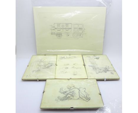 E.H. Shepard, four photo lithograph illustrations, Winnie the Pooh and four etchings of early carriages
