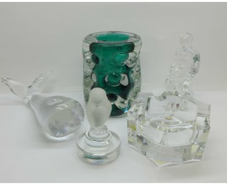 Five pieces of glass; Lalique bird, a/f, Orrefors, Royal Doulton whale, Baccarat ashtray and one other