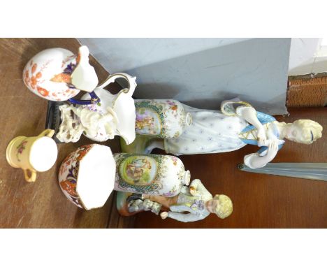 Two continental figures, both a/f, a pair of German porcelain vases, Royal Crown Derby china and a Royal Worcester miniature 