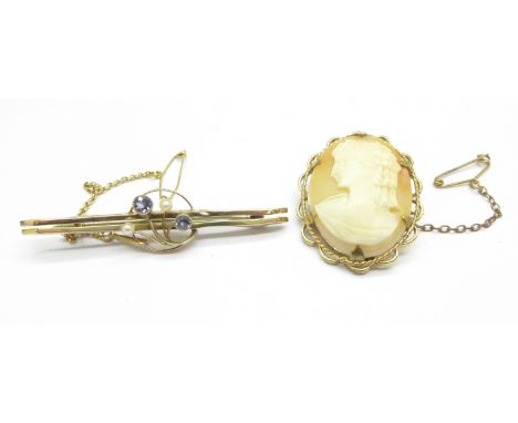 A 9ct rolled gold cameo brooch and a 9ct gold, sapphire and seed pearl brooch, (sapphire brooch 1.8g)