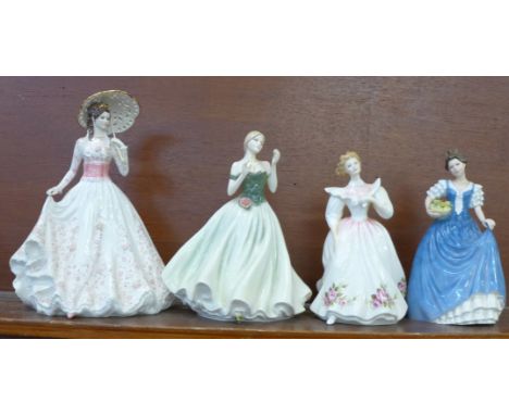 Two Royal Worcester figures, Keepsake and The Garden Party, Keepsake a/f, and two Royal Doulton figures, Gillian and Helen