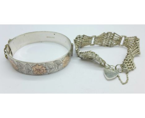 A silver bangle and gate bracelet, 76g