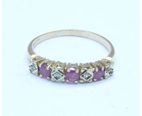 A 9ct yellow gold, ruby and diamond ring, 2.2g, U