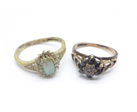 A 9ct gold ring, 2g, K, and one other ring, O, a/f