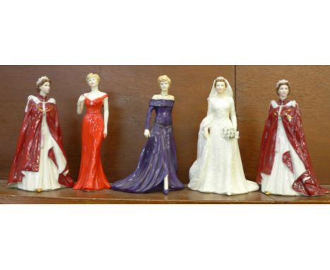 Three Royal Worcester figures, 2 x HM Queen Elizabeth II and Diana, Princess of Wales, a Royal Doulton figure, Diana, Princes