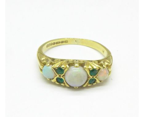 An 18ct gold, opal and green stone ring, 4.5g, L