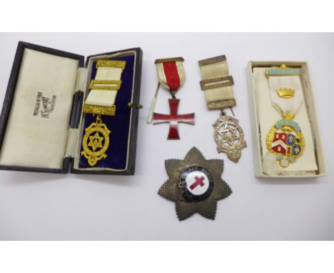 Two silver and enamel medals, a silver lodge medal and two other medals