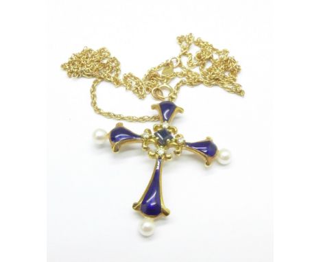 A 14ct gold, enamel and pearl cross pendant and chain, lacking one pearl, 5.4g