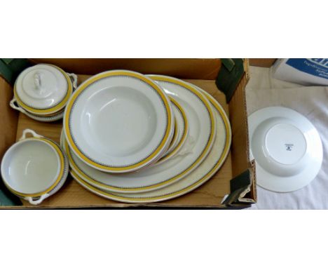 Vintage Losol Ware - (4) serving plates (4) soup bowls(2) serving dishes(one lid missing) with yellow band and black fancy ed