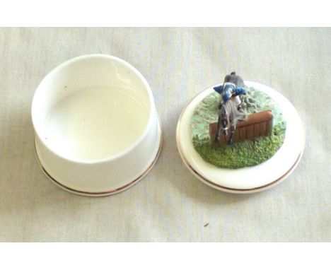 Fine Bone China - Trinket box with lid - with horse and  jockey jumping fence. Made in England - excellent condition