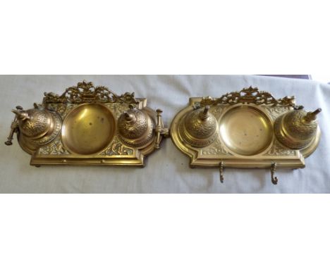 Writing Sets-nice pair brass desk sets, some light repairs necessary but good general condition. Approx 11" x 5" heavy(2)