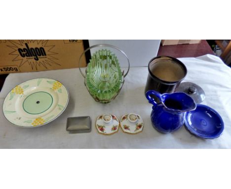 Mixed lot- of Jugs & Bowl (Blue) cakestand & Green Fruit bowl with handle, pair of candle stick (Small), Crockpot.