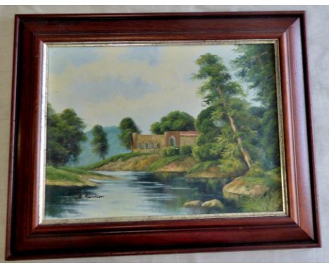 Oil Painting - Teak Framed - by R Harrison - landscape, excellent condition 22" x 16"