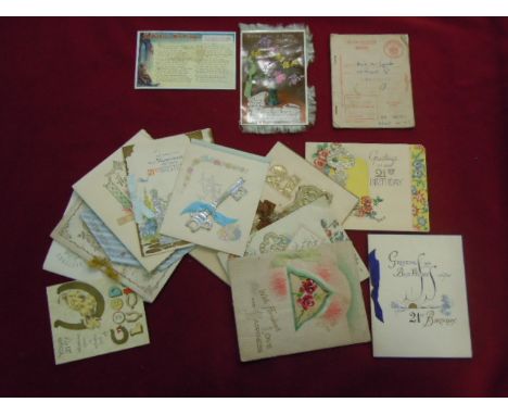 21st Birthday Cards (15) Vintage 1930's - 40's cards. An interesting collection with many scarce cards including a WWI 'A Sol