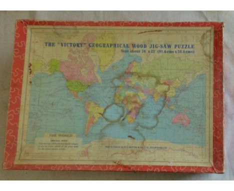 Vintage Jigsaw Puzzle, the "Victory" Geographical wood Jigsaw Puzzle, "The World" guide picture on box lid.