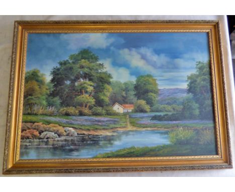 Oil painting - Gold Gilt frame by R Harrison - Landscape -size 2' x 3' approx