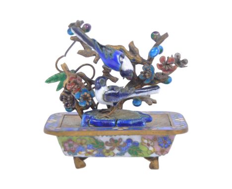 An early 20th Century Chinese Cloisonne and gilt metal bonsai tree. Comprises a small cloisonne jardinière planter with gilt 