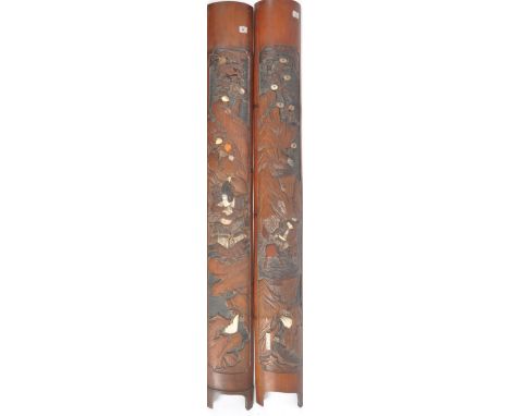 A pair of 19th century Japanese carved bamboo decorated wall panels. Carving of floral decorations with mother of pearl and s