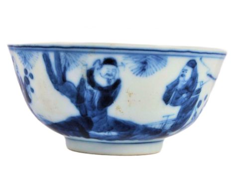 An antique 19th Century Chinese Oriental porcelain rice bowl having hand painted blue and white decoration depicting three el