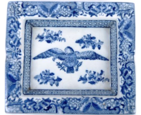 A 19th Century Chinese export armorial porcelain blue &amp; white ashtray / trinket dish of square form. Central depiction of