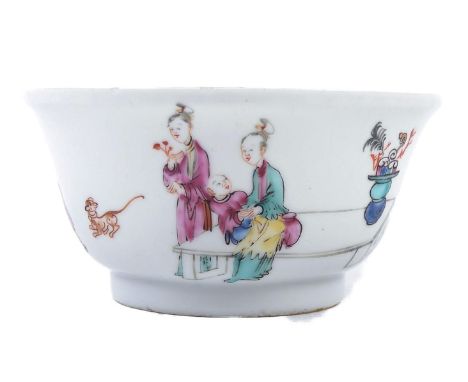 An 18th Century Chinese porcelain bowl having hand painted polychrome enamel decoration depicting figures, precious objects a