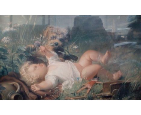 Large Edwardian Lithograph Baby Puppet and Toys 53cm width 74cm height 