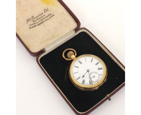 18k lever pocket watch, three quarter plate frosted movement with compensated balance and regulator, dial with Roman numerals